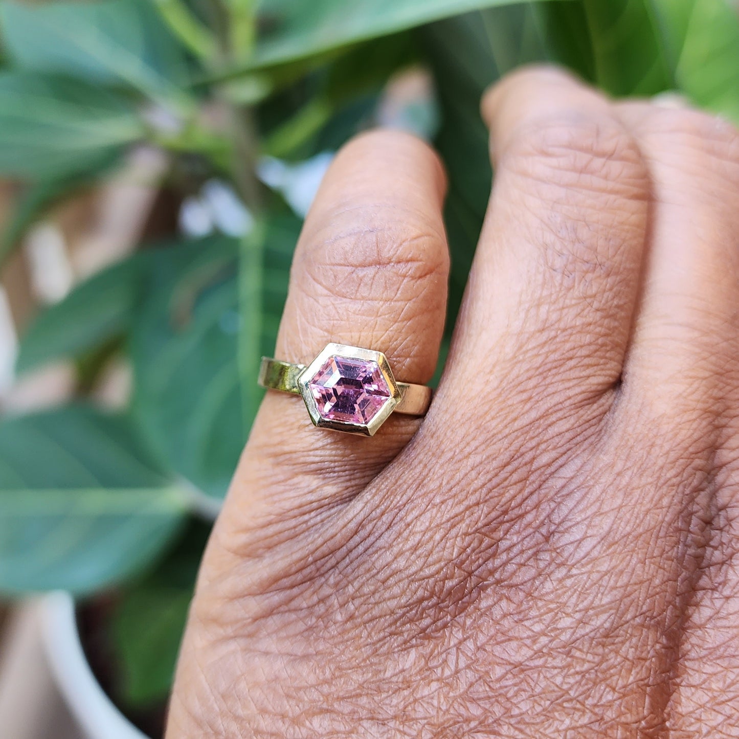 Pink Tourmaline Hexagon Ring