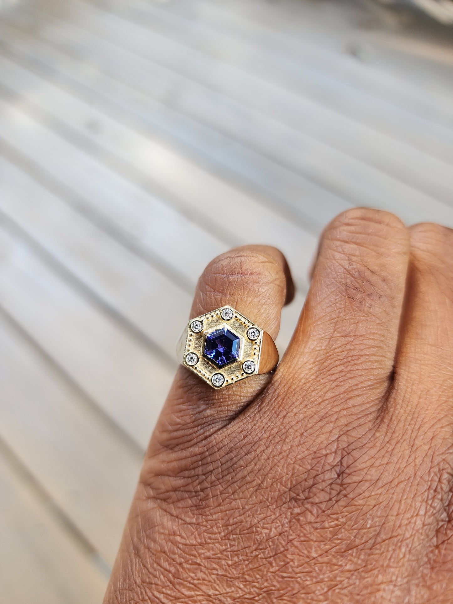 Tanzanite & Diamonds Hexagon Ring