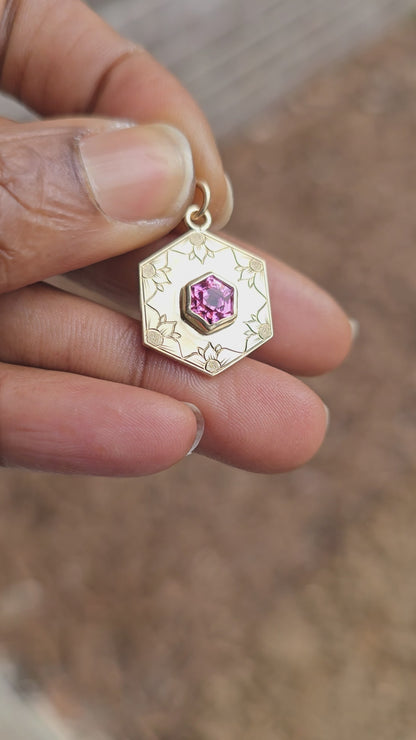 Pink Tourmaline Engraved Hexagon Pendant