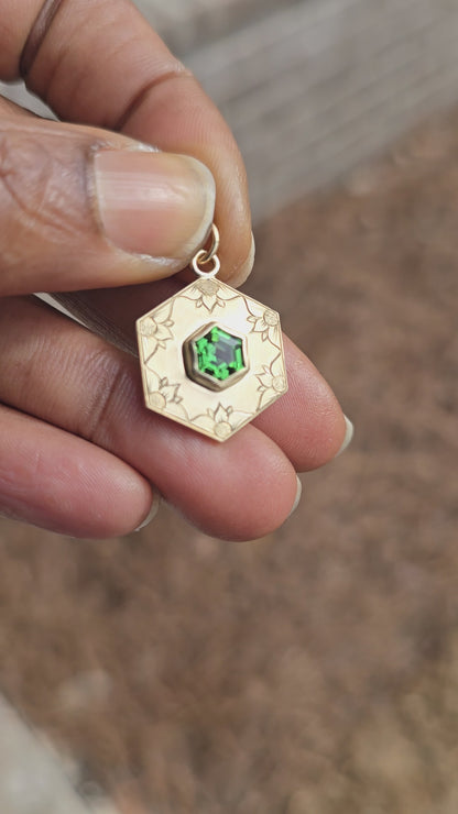 Chrome Tourmaline Engraved Hexagon Pendant